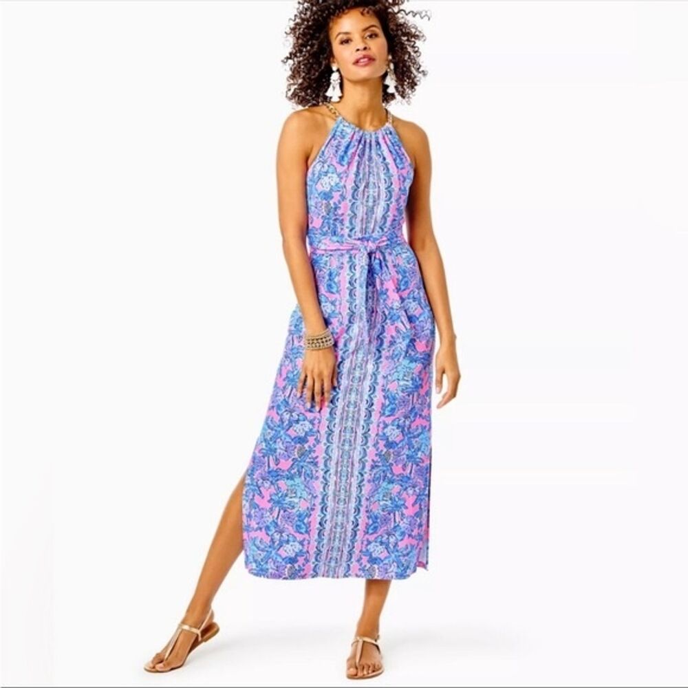 Lilly Pulitzer Bingham Halter Midi Dress soleil Palm Tropical Blue Chic Size XXS